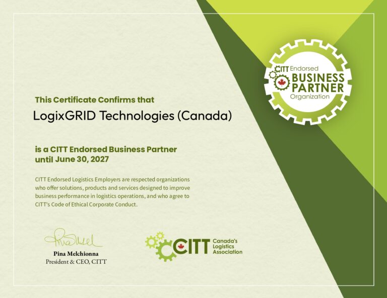 Certificate confirming LogixGRID Technologies (Canada) as a CITT Endorsed Business Partner with a gear emblem on a green geometric background.