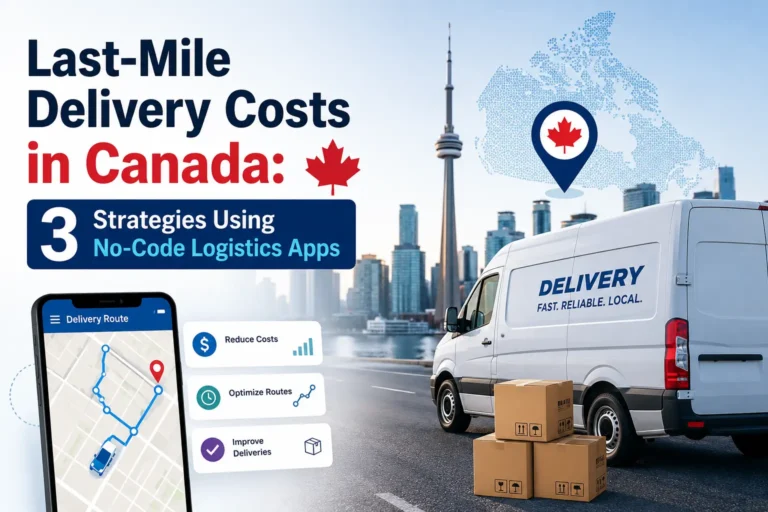 Canada delivery costs infographic with three no-code logistics app strategies, featuring a delivery van and city skyline.