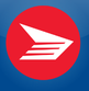 White stylized paper plane emblem inside a red circle on a blue gradient background.