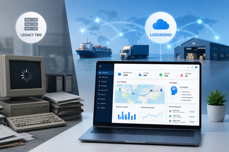 Dashboard view of an integrated logistics system connecting a legacy TMS to LOGIXGRID cloud, with ships, trucks, and a warehouse in the background.