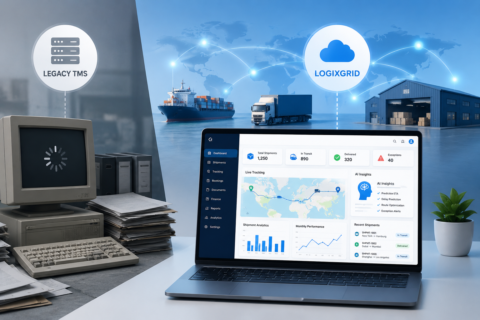 Dashboard view of an integrated logistics system connecting a legacy TMS to LOGIXGRID cloud, with ships, trucks, and a warehouse in the background.