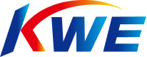 KWE logo: blue, stylized letters with a red-orange arc above the text.