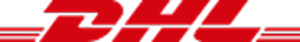 DHL logo in bold red lettering with horizontal speed lines