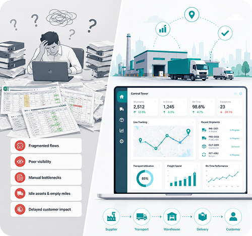 Left: overwhelmed analyst with scattered docs—highlights include fragmented flows, poor visibility, manual bottlenecks, idle assets, and delayed customer impact; right: digital logistics dashboard with trucks and a control tower showing performance charts and maps, indicating a connected supply chain solution.