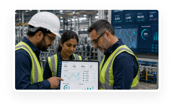 Three factory workers in hard hats and reflective vests review a tablet with analytics in a busy manufacturing plant.
