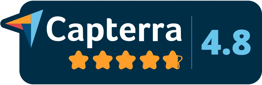 Capterra logo on a dark blue badge with five orange stars and the rating 4.8.
