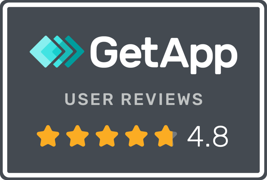 GetApp logo with the words 'USER REVIEWS'; five orange stars and a 4.8 rating on dark badge