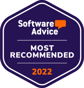 Badge with purple background and white border reading 'Software Advice' and 'Most Recommended 2022' in white text with an orange accent element.
