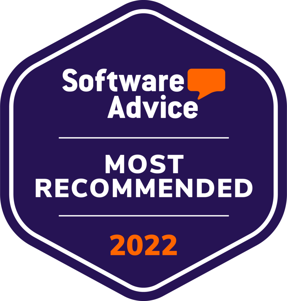 Badge with purple background and white border reading 'Software Advice' and 'Most Recommended 2022' in white text with an orange accent element.