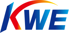 KWE logo: blue wordmark with a red-to-yellow curved swoosh above it