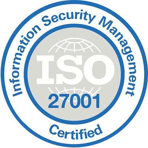 ISO 27001 Information Security Management Certified badge (seal) with blue border and globe motif