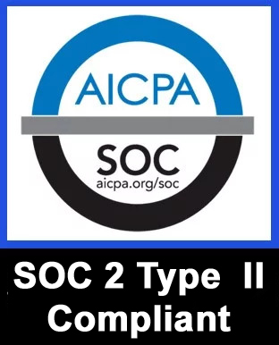 AICPA SOC 2 Type II Compliant badge with blue ring and gray bar, showing AICPA and SOC logos and the text 'SOC 2 Type II Compliant'